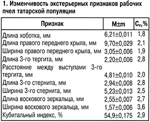 Экстерьерные признаки пчел татарской популяции