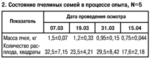 Состояние пчелиных семей в процеесе опыта