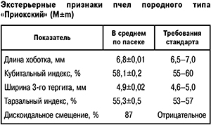 Экстерьерные признаки пчел породного типа Приокский